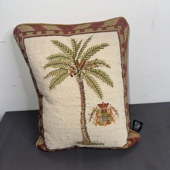 Two’s Company Needlepoint Petit Point "Palm Tree w/ Armorial Crest" Pillow - Picture 1 of 7